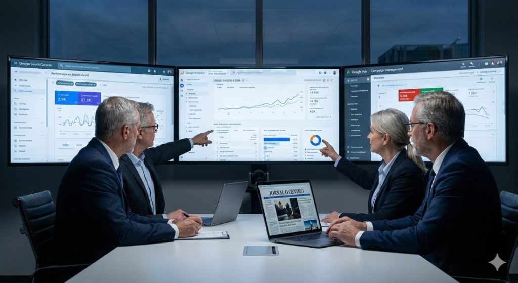 Executivos da Network JCN analisam métricas em tempo real no ecossistema Google (GA4, Ads e Search Console). A imagem representa o centro de comando onde a autoridade jornalística do Jornal O Centro se funde à engenharia de dados para garantir a blindagem reputacional e o domínio de mercado de nossos parceiros.